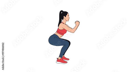 Athletic woman in a red sports top and blue leggings performing a deep squat exercise to build strength and maintain fitness in a workout.