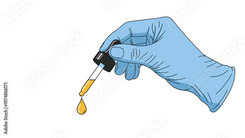Hand wearing a blue surgical glove holding a glass dropper and releasing a single drop of yellow liquid for a scientific or medical test.