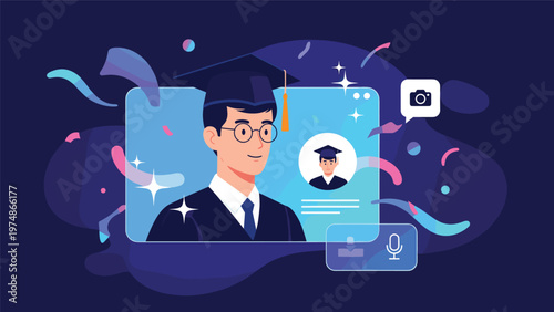 Young male graduate in a black cap and gown is displayed on a screen with celebratory confetti and icons for a virtual graduation ceremony.