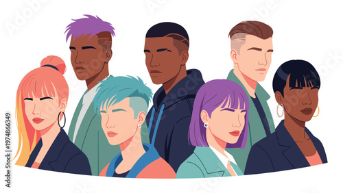 Crowd of diverse young men and women with vibrant hairstyles including purple, blue, and pink hair standing together as a community.