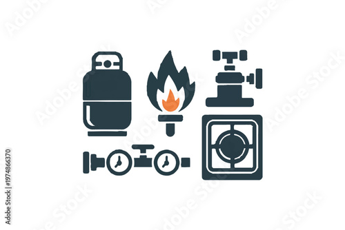 Gas cylinder stove torch and regulator industrial equipment for cooking and heating or welding work.
