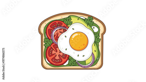 Overhead view of a delicious avocado toast topped with a fried egg, tomato slices, red onion, and fresh herbs on a slice of bread.