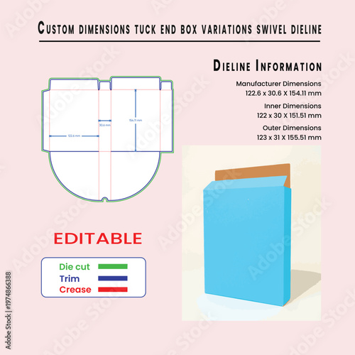 Custom tuck end box dieline and dimensions with 3D model packaging template