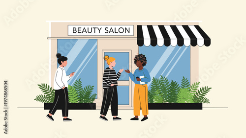 Three women stand and talk in front of a beauty salon with large windows and a black and white striped awning in a city.