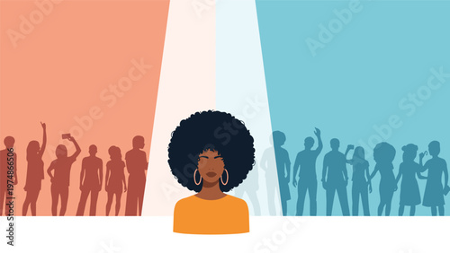 Woman with a large afro hairstyle stands in a bright spotlight between two groups of silhouetted people in a red and blue environment.