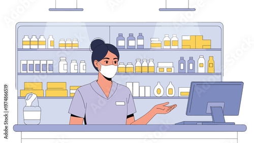 Female pharmacist wearing a white face mask stands behind a pharmacy counter with shelves full of medicine bottles and a computer screen.