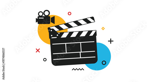 Black movie clapperboard and a video camera icon are displayed against a colorful background with geometric shapes and symbols.