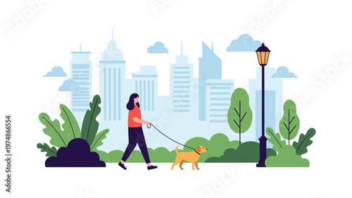 Young woman walks her brown dog on a leash through a city park with green trees and tall buildings in the background.