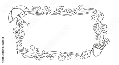 Ornate leafy frame with acorn and umbrella.