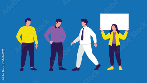 Group of four diverse people stands together against a blue background with one woman holding up a large blank white sign.