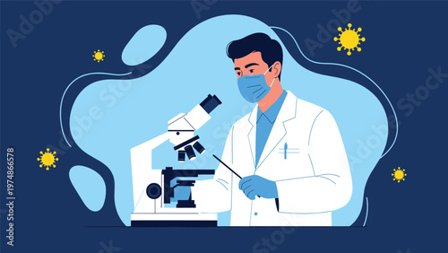 Scientist in a white lab coat and face mask examines a sample through a microscope in a laboratory surrounded by virus icons.