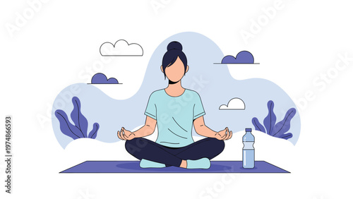 Woman sitting in a lotus pose on a yoga mat meditating in a peaceful outdoor setting with clouds and plants in the background.