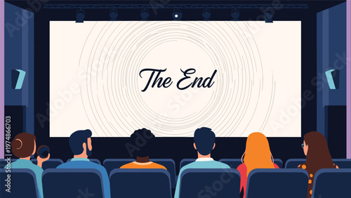 Audience of diverse people sitting in a cinema theater watching a movie screen that displays the end credits text.