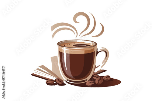 Hot steaming coffee in glass mug with coffee beans and book on white background representing morning relaxation and productivity.