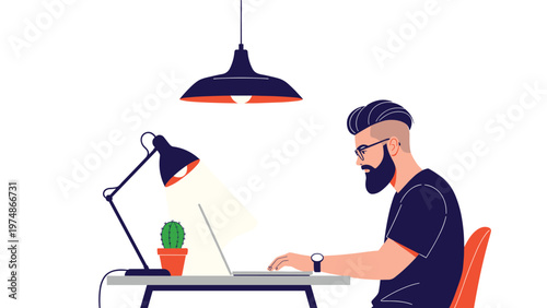 Focused young man with a beard and glasses working on his laptop at a desk under a modern black hanging lamp.