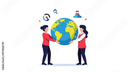 Two professional women holding a large globe together symbolizing global cooperation and environmental responsibility.