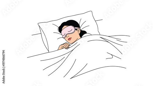 Peaceful young woman sleeping soundly in a white bed while wearing a pink sleep mask to block out the morning light.