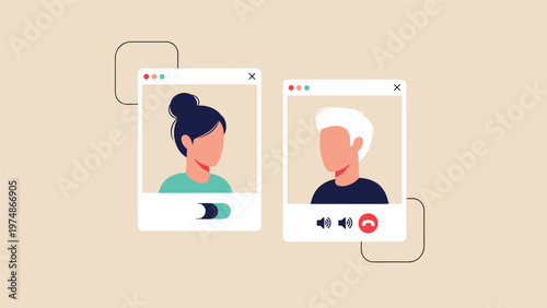 Two video conference windows showing a man and a woman communicating online through a virtual meeting interface.