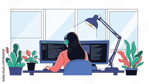 Woman wearing green headphones working at a professional desk setup with dual monitors and many indoor house plants.