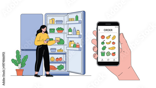 Modern lifestyle illustration of a woman checking her fridge while ordering groceries using a mobile phone application.
