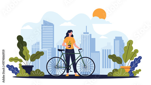 Young woman standing with her bicycle in front of a modern city skyline with various green plants in the foreground.