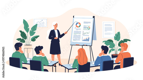 Professional female business leader giving a presentation to a diverse group of employees using a flipchart with graphs.