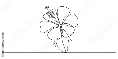 A single continuous line drawing of a vibrant hibiscus flower with petals and a central stamen