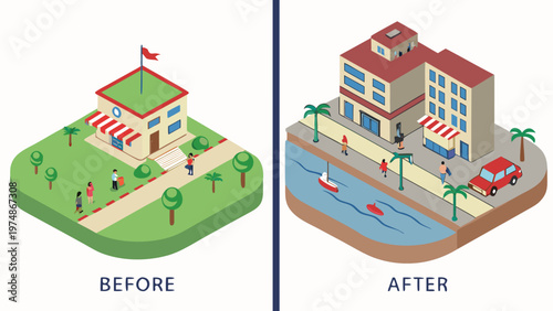 Isometric illustration showing the before and after transition of a rural building site into a developed urban coastal city with people and cars