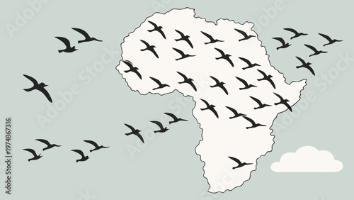 Stylized illustration depicting a flock of black bird silhouettes migrating across the pale map of the African continent under a calm sky with a single cloud.