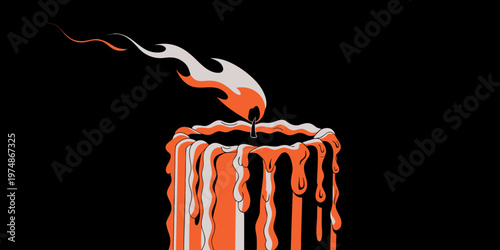 Stylized illustration of a vibrant orange and grey candle burning brightly with its wax melting dramatically downwards, creating interesting visual patterns on a stark black background.