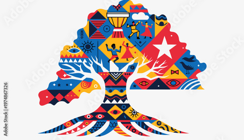 Vibrant artistic tree illustration features diverse cultural motifs including dancing figures traditional drums bright geometric patterns and symbolic shapes celebrating global heritage and connection