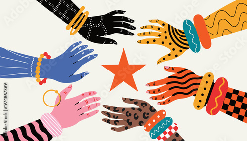 Creative illustration of diverse hands from various backgrounds reaching together for a central star symbolizing unity, teamwork, and shared achievement.