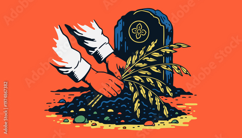 Hands tenderly place wheat shoots into the rich soil beside a somber gravestone, illustrating themes of remembrance, growth, and the ongoing cycle of life's renewal.
