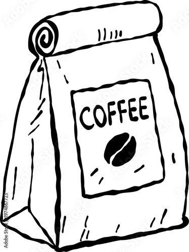 Hand-drawn doodle of a coffee beans bag with a label featuring a coffee bean icon and “coffee” text.
