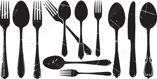 Black silhouettes of various forks, spoons, and knives arranged