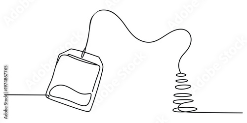 Continuous line drawing of a tea bag with a tag