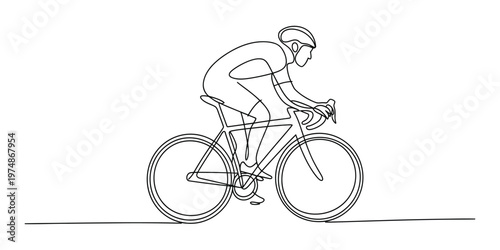 Continuous single line drawing of a professional cyclist riding a road bicycle during a fast race
