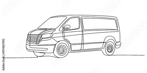 Continuous single line drawing of a modern cargo van viewed from a three quarter front angle view