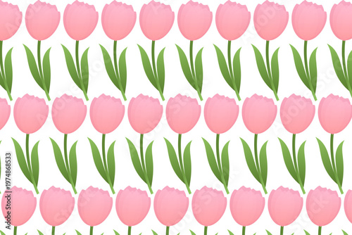 Seamless pattern of pink tulip flowers with green leaves on white background