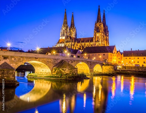 A stunning nighttime cityscape featuring a towering cathedral illuminated against a twilight sky, and reflected in the calm waters below a bridge