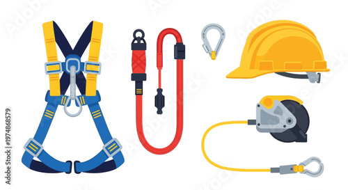 A collection of safety equipment for fall protection and prevention on a construction site