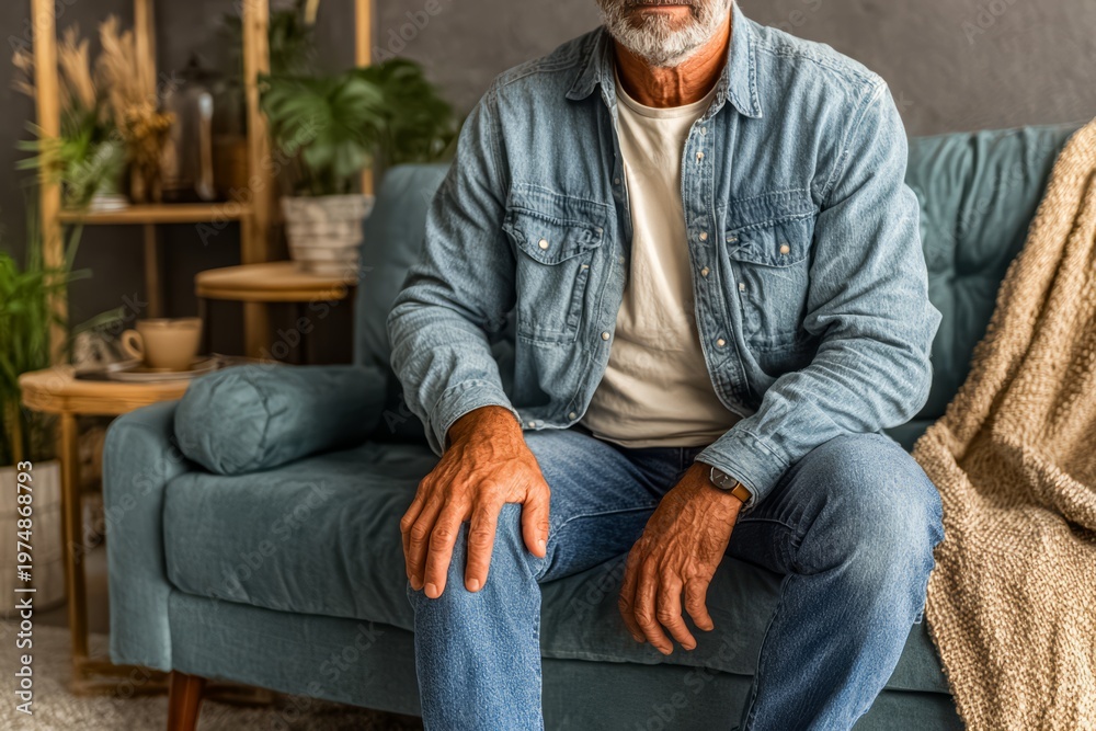 Fototapeta premium Man in a blue jacket sits on a couch. He is wearing a watch and has a hand on his knee