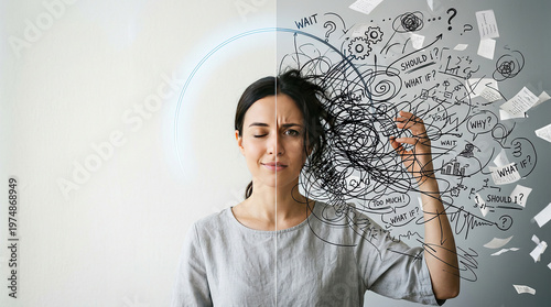 Stressed woman overthinking with chaotic thoughts, anxiety and mental health concept