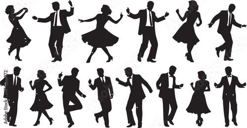 Silhouettes of couples dancing in various poses and styles together