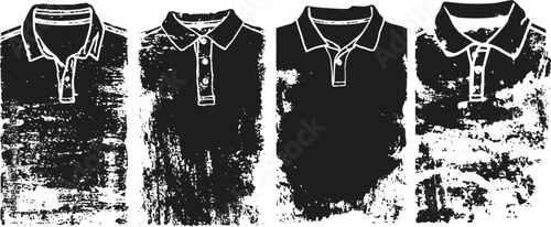 Four black polo shirts with white collar and button details, isolated grunge vector silhouettes