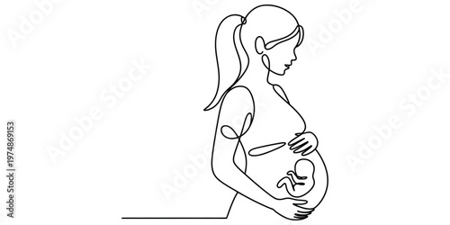 Continuous line drawing of a pregnant woman holding her belly