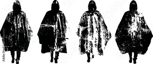 silhouettes of four people wearing rain ponchos walking, rainy weather concept