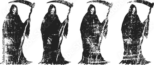 Grim reaper silhouette set holding scythe spooky dark figure with hooded cloak halloween death symbol design