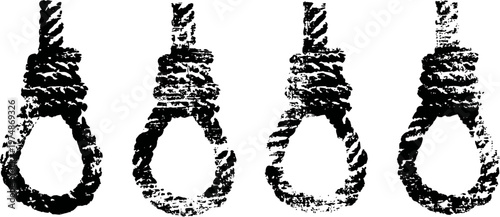 Four vintage grunge rope nooses in a row old textured hanging loops, silhouette