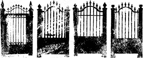 vintage wrought iron gates set with ornate decorative spires and vertical bars, antique entrance barriers